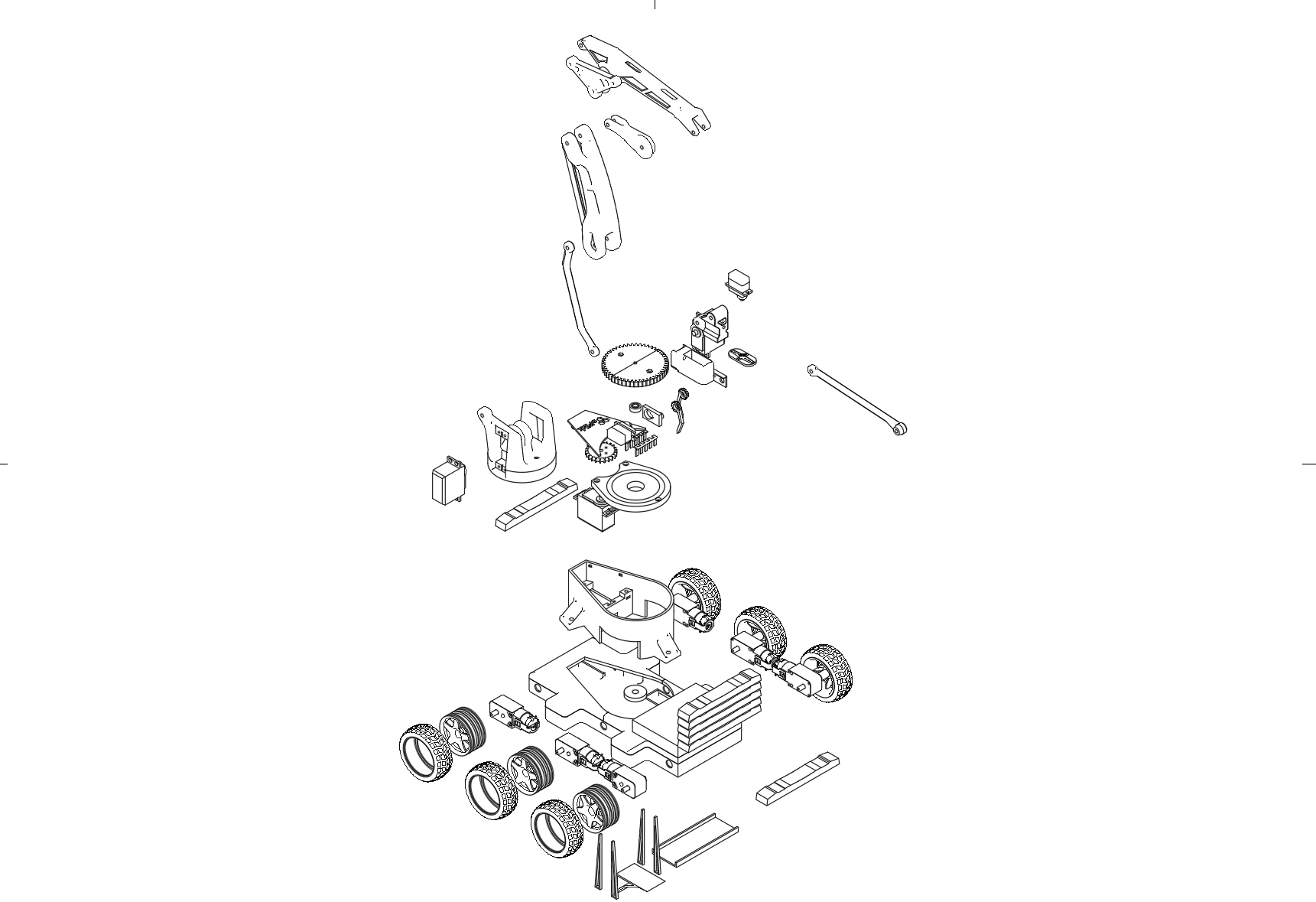Technical schematic of the robotic arm mounted on a wheeled base with labeled components including the gripper mechanism, staging platform, and stepper motor controls in an industrial facility setting
